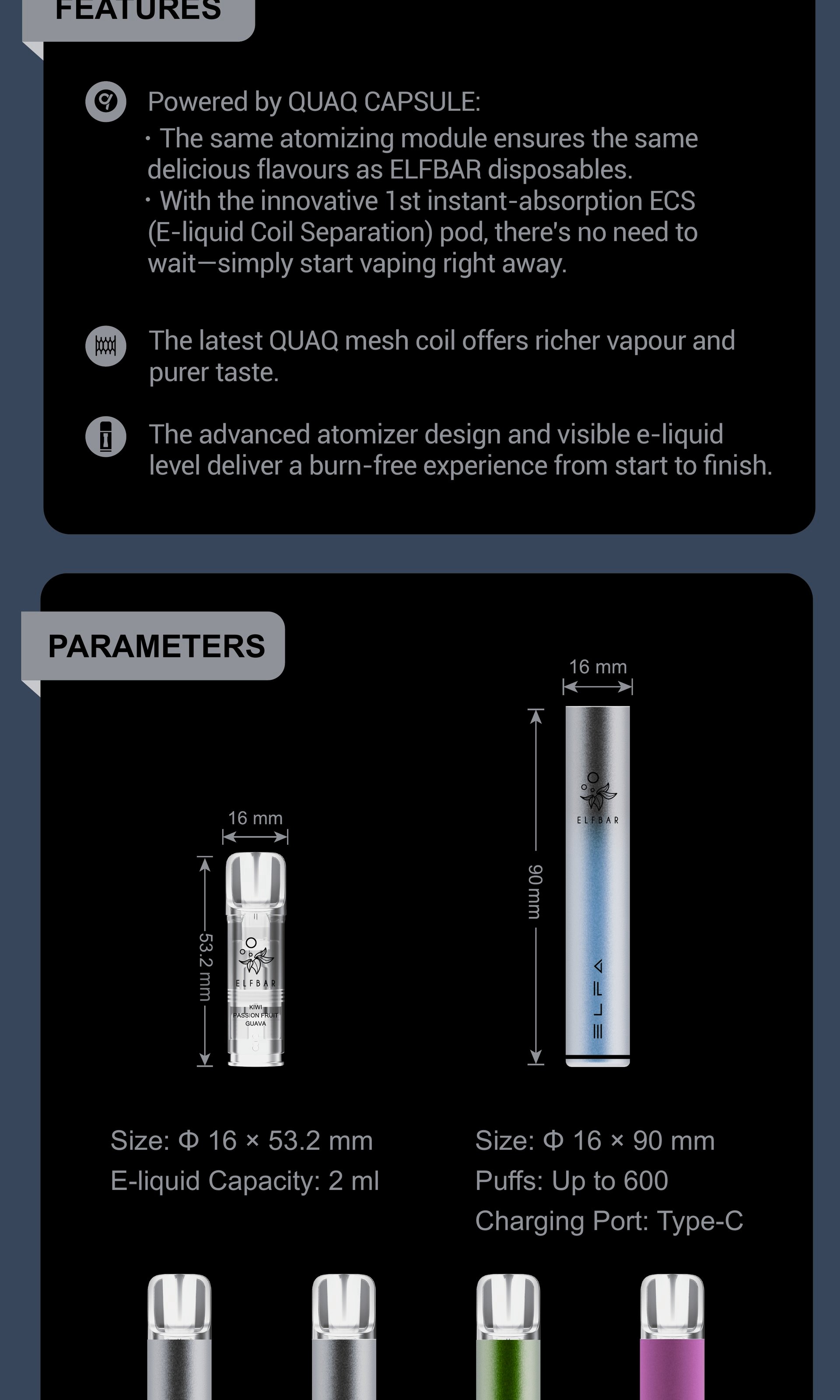 ELFA PRO parameters — device and pod dimensions
